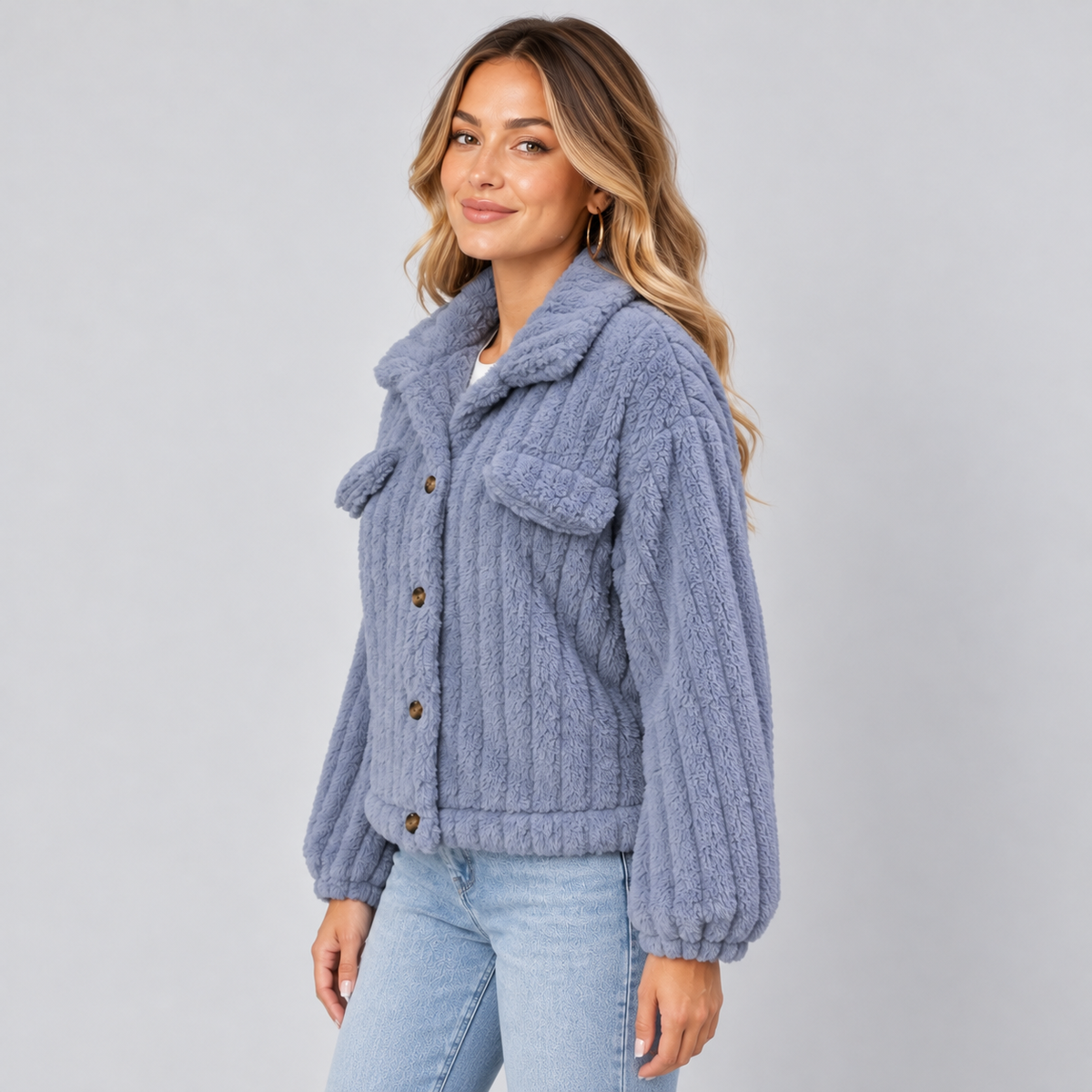 Damen Teddyjacke mit Knopfleiste – Kurze Borg-Fleece Jacke mit Hemdkragen, Herbst Winter
