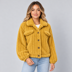 Damen Teddyjacke mit Knopfleiste – Kurze Borg-Fleece Jacke mit Hemdkragen, Herbst Winter