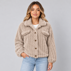 Damen Teddyjacke mit Knopfleiste – Kurze Borg-Fleece Jacke mit Hemdkragen, Herbst Winter