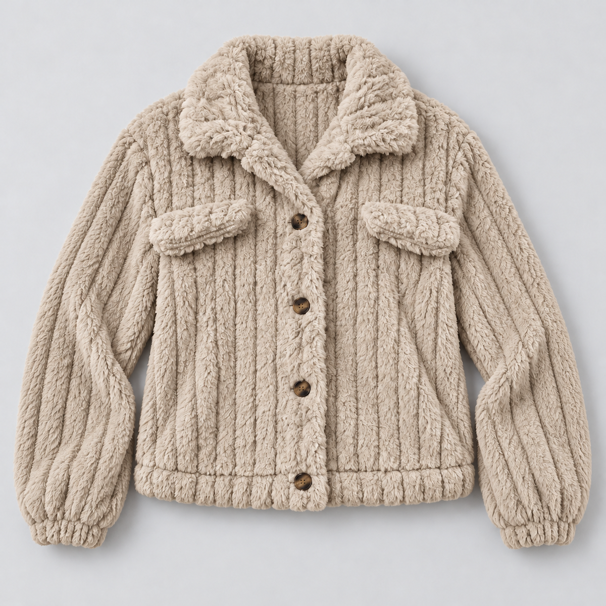 Damen Teddyjacke mit Knopfleiste – Kurze Borg-Fleece Jacke mit Hemdkragen, Herbst Winter