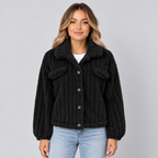 Damen Teddyjacke mit Knopfleiste – Kurze Borg-Fleece Jacke mit Hemdkragen, Herbst Winter