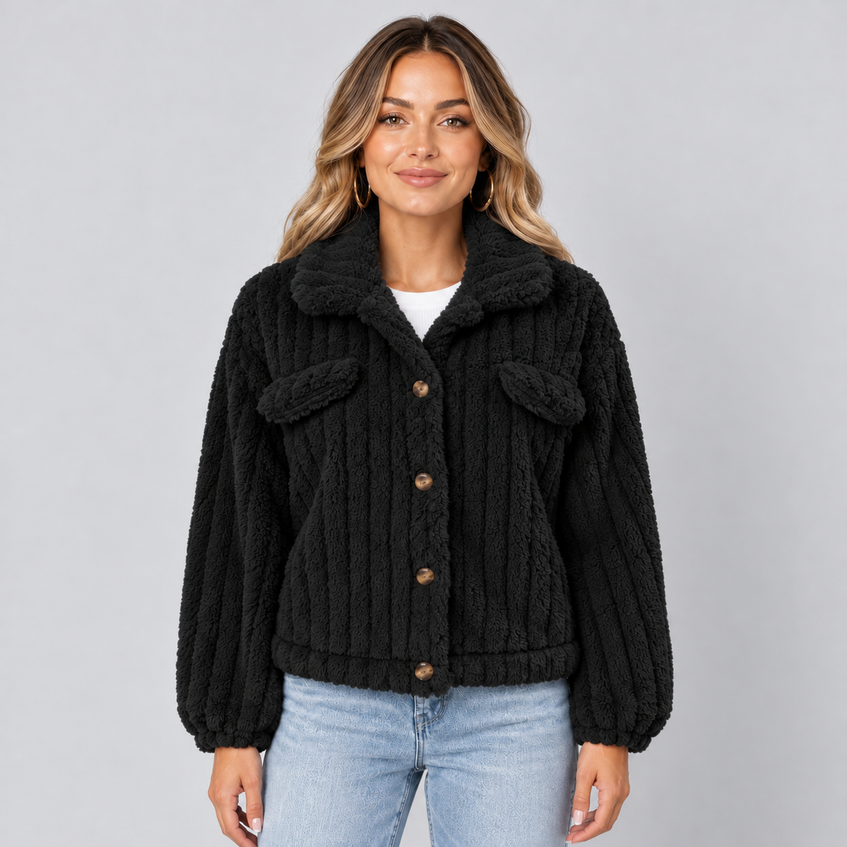 Damen Teddyjacke mit Knopfleiste – Kurze Borg-Fleece Jacke mit Hemdkragen, Herbst Winter
