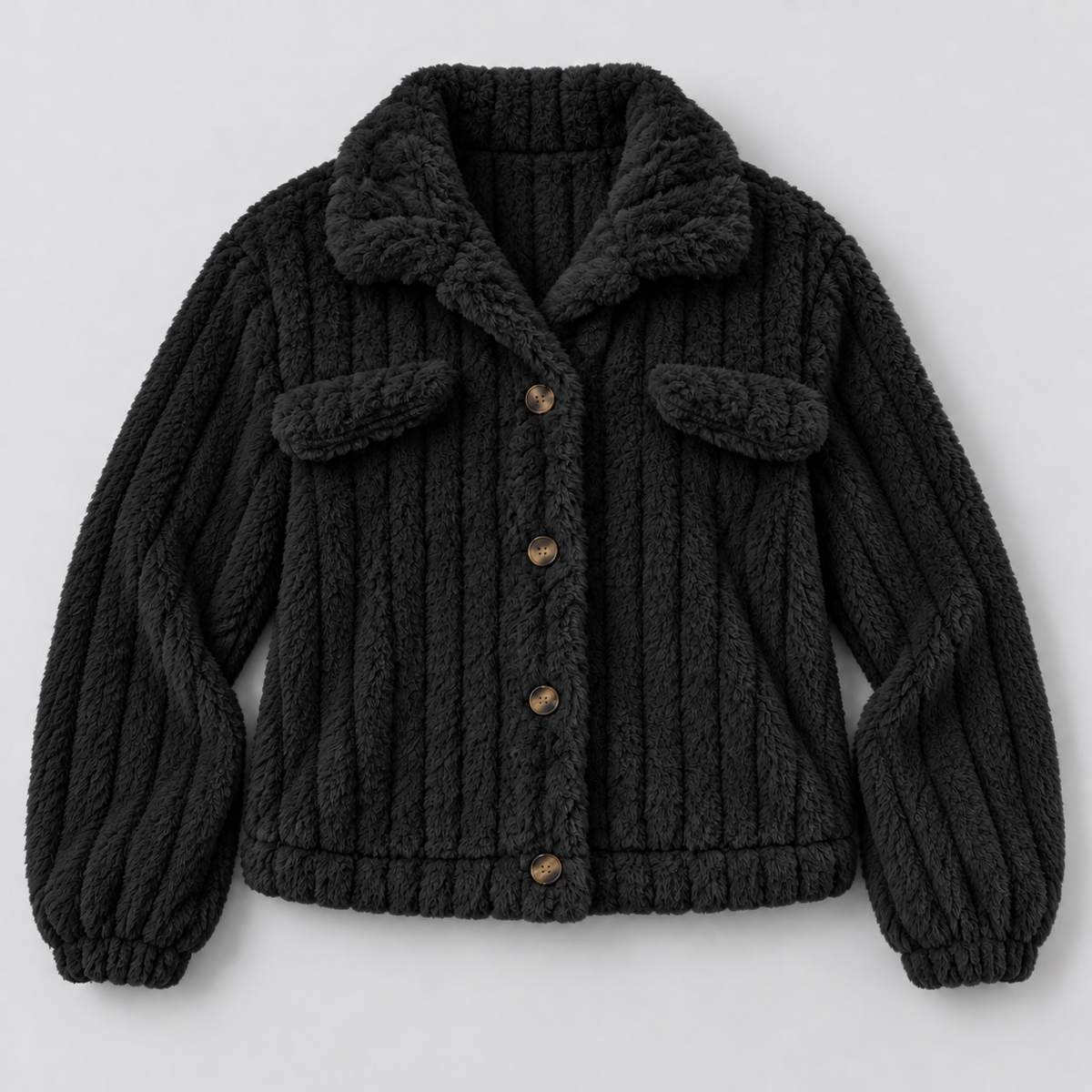Damen Teddyjacke mit Knopfleiste – Kurze Borg-Fleece Jacke mit Hemdkragen, Herbst Winter