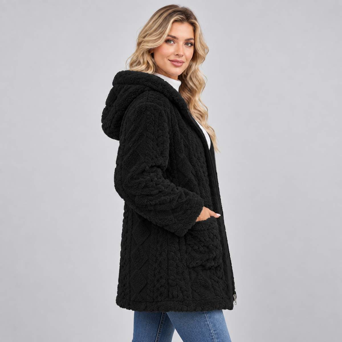 Damen Teddymantel mit Kapuze – Kuscheliger Borg-Mantel mit Reißverschluss und Taschen, Herbst Winter