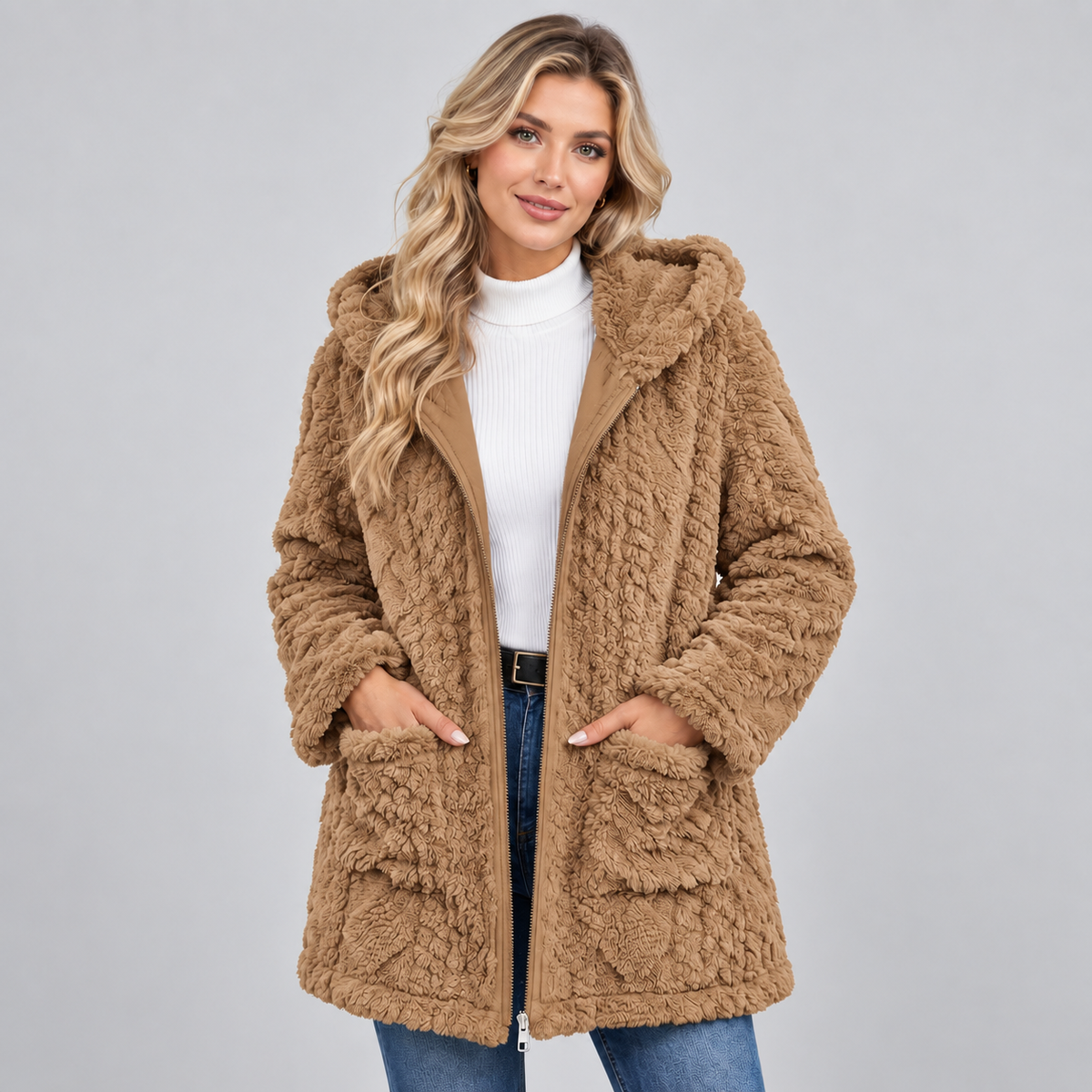 Damen Teddymantel mit Kapuze – Kuscheliger Borg-Mantel mit Reißverschluss und Taschen, Herbst Winter