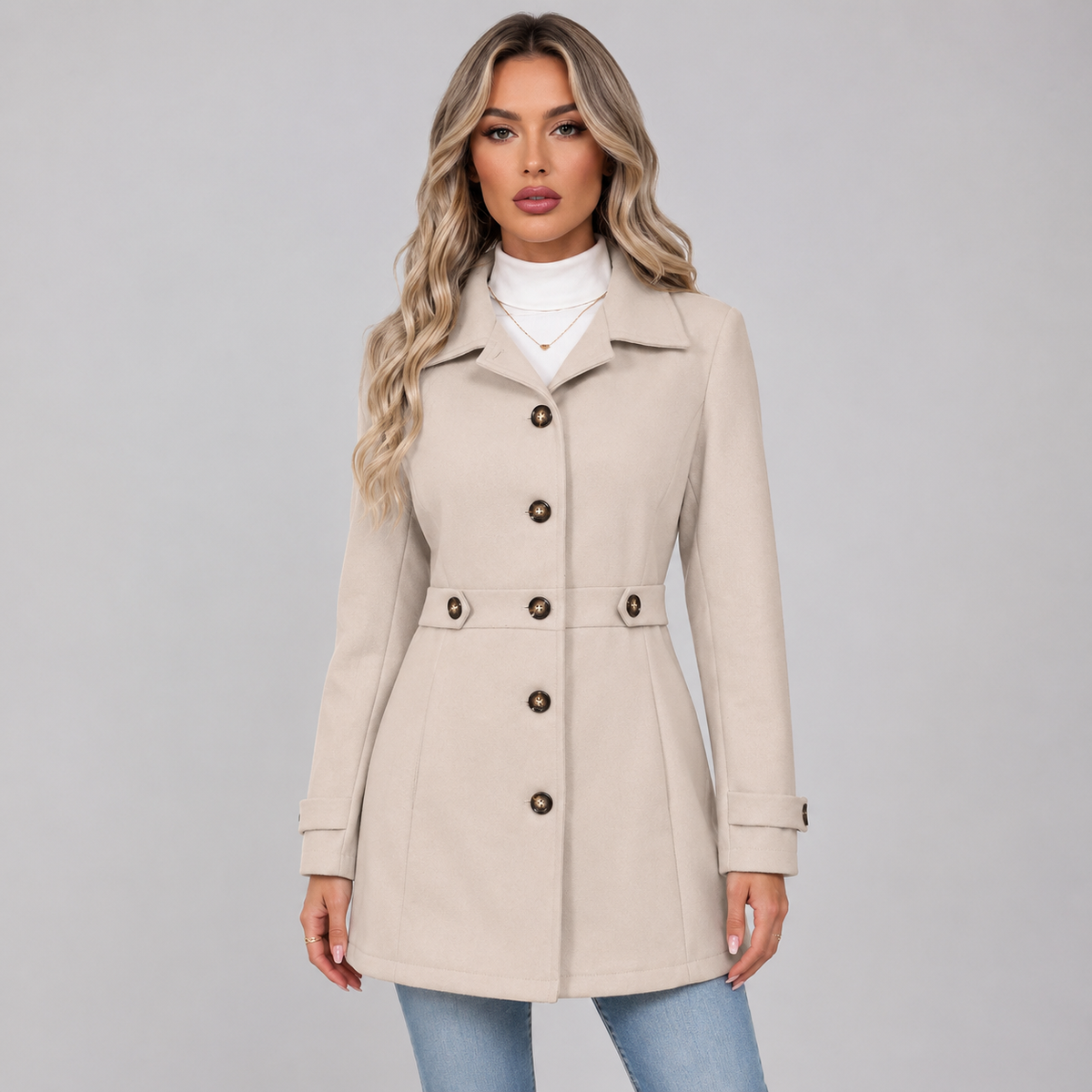 Damen Taillierter Mantel mit Bindegürtel und Reverskragen – Eleganter Übergangsmantel, Herbst Winter