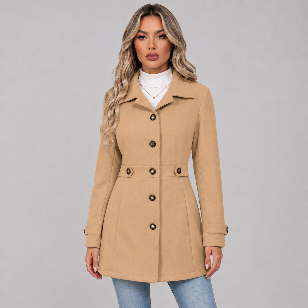 Damen Taillierter Mantel mit Bindegürtel und Reverskragen – Eleganter Übergangsmantel, Herbst Winter