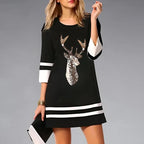 Damen Weihnachtskleid Schwarz mit Rentier-Print – Festliches Winterkleid mit Streifensaum