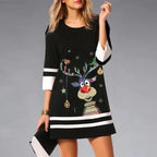 Damen Weihnachtskleid Schwarz mit Rentier-Print – Festliches Winterkleid mit Streifensaum