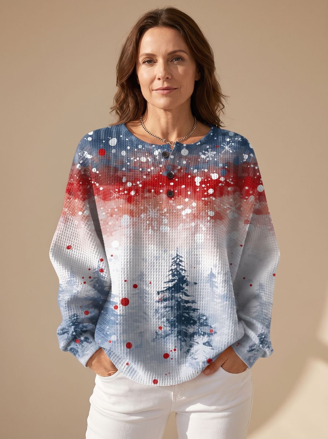 Damen Weihnachtspullover mit Tannenbaum-Print – Waffelstrick Winterpullover, Innen angeraut, Knopfleiste