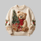 Damen Weihnachtspullover Creme mit 3D-Teddybär & Tannenbaum – Strickpullover aus Wollmischung, Winter