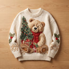 Damen Weihnachtspullover Creme mit 3D-Teddybär & Tannenbaum – Strickpullover aus Wollmischung, Winter