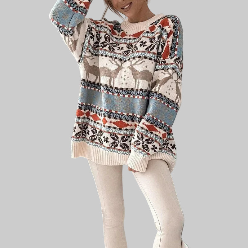 Damen Norweger Weihnachtspullover mit Rentiermuster – Strickpullover, Winter, Lockere Passform