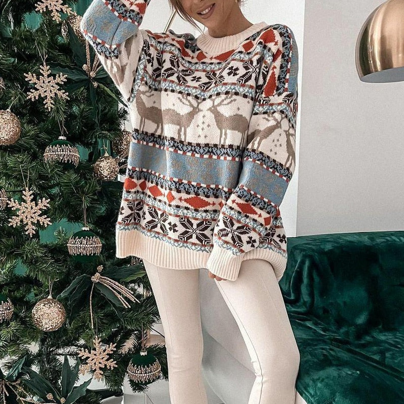 Damen Norweger Weihnachtspullover mit Rentiermuster – Strickpullover, Winter, Lockere Passform