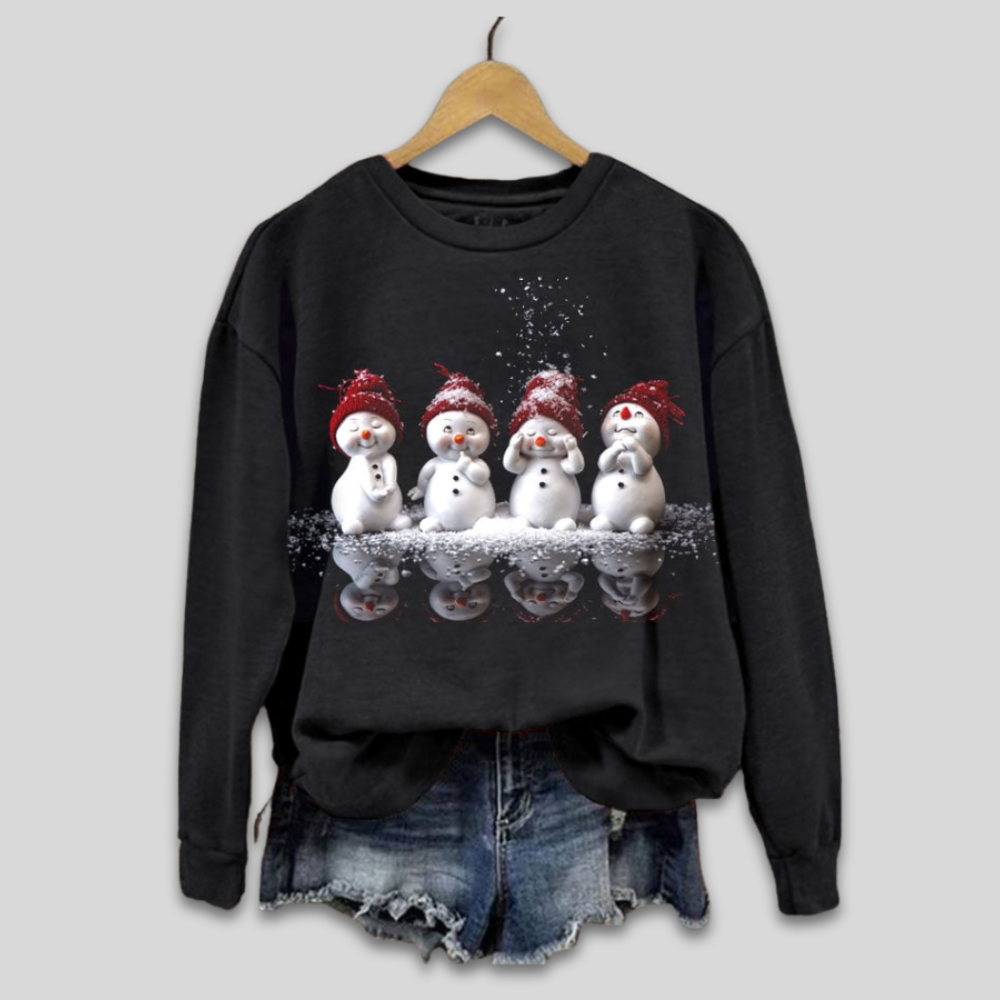 Damen Weihnachtspullover Schwarz mit Schneemann-Print – Weiches Sweatshirt, Winter, Langarm