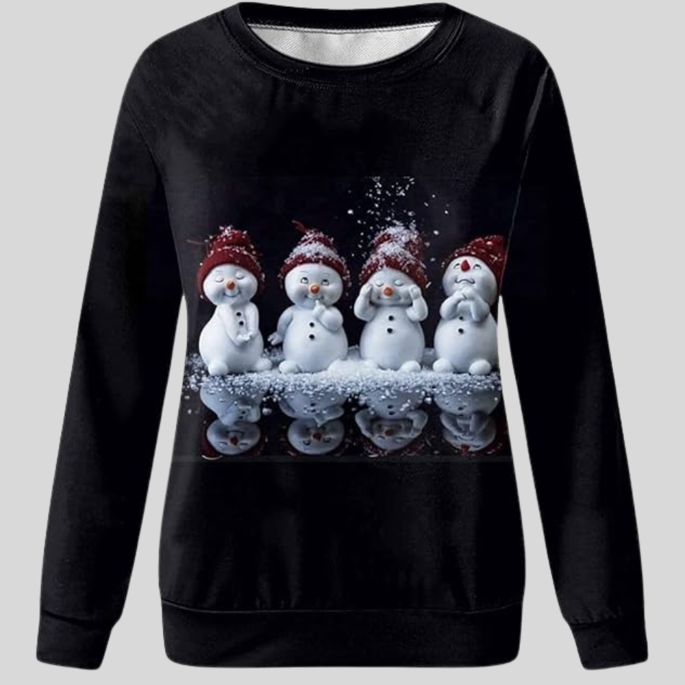 Damen Weihnachtspullover Schwarz mit Schneemann-Print – Weiches Sweatshirt, Winter, Langarm