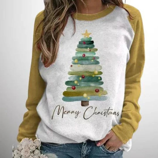 Damen Weihnachts-Sweatshirt mit Tannenbaum-Print – Merry Christmas Raglan Pullover, Langarm