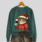 Damen Weihnachtspullover mit lustiger Katze und Weinglas – Ugly Christmas Sweater, Langarm