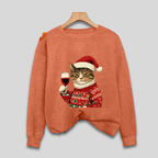 Damen Weihnachtspullover mit lustiger Katze und Weinglas – Ugly Christmas Sweater, Langarm