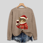 Damen Weihnachtspullover mit lustiger Katze und Weinglas – Ugly Christmas Sweater, Langarm