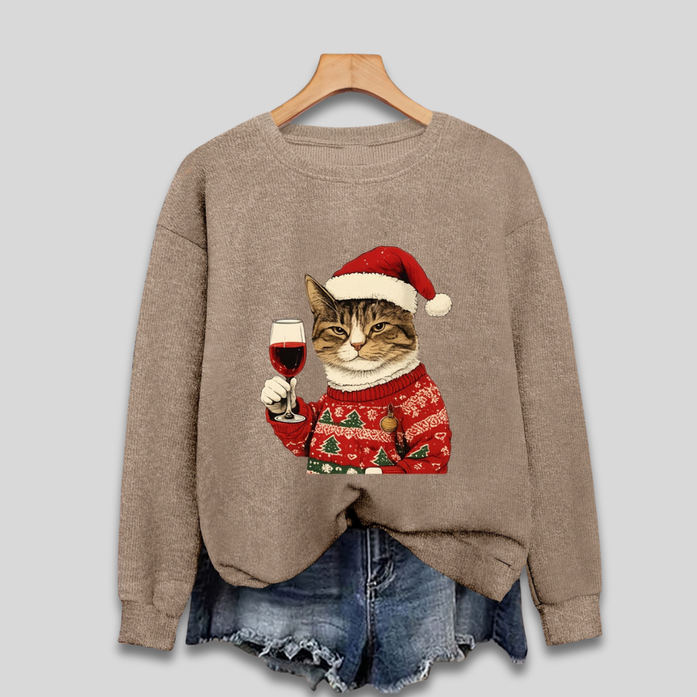 Damen Weihnachtspullover mit lustiger Katze und Weinglas – Ugly Christmas Sweater, Langarm