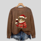 Damen Weihnachtspullover mit lustiger Katze und Weinglas – Ugly Christmas Sweater, Langarm