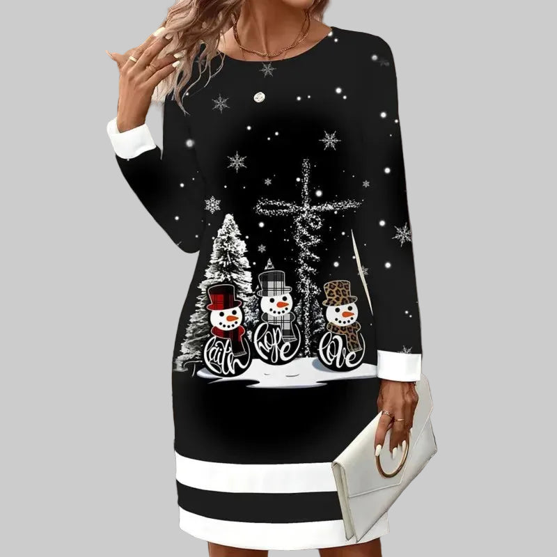 Damen Weihnachts-Pulloverkleid mit Schneemann-Print – Winterkleid, Langarm