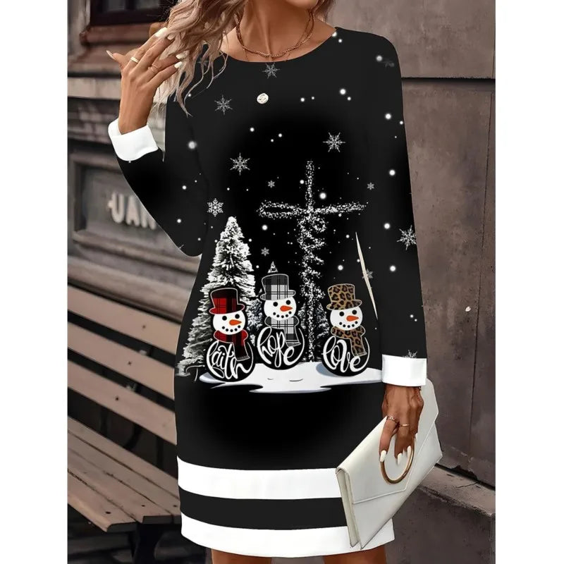 Damen Weihnachts-Pulloverkleid mit Schneemann-Print – Winterkleid, Langarm