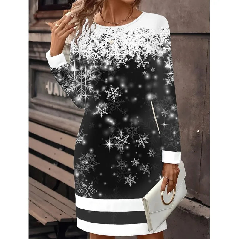 Damen Weihnachts-Pulloverkleid mit Schneemann-Print – Winterkleid, Langarm