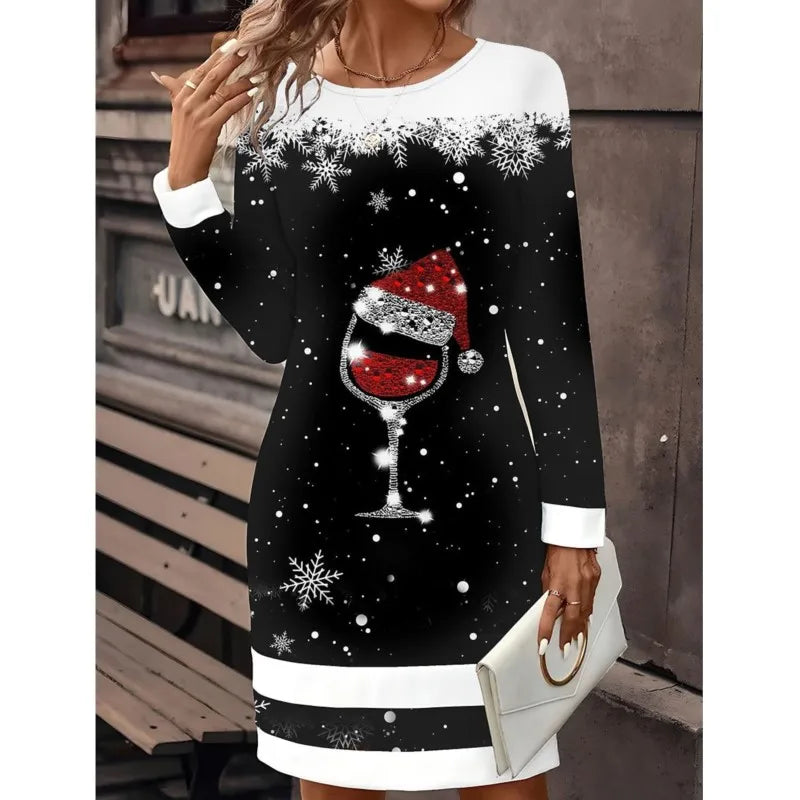 Damen Weihnachts-Pulloverkleid mit Schneemann-Print – Winterkleid, Langarm