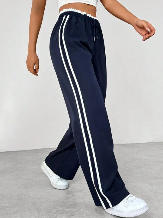 Damen Wide Leg Jogginghose mit Seitenstreifen und Kordelzug – Track Pants mit elastischem Bund