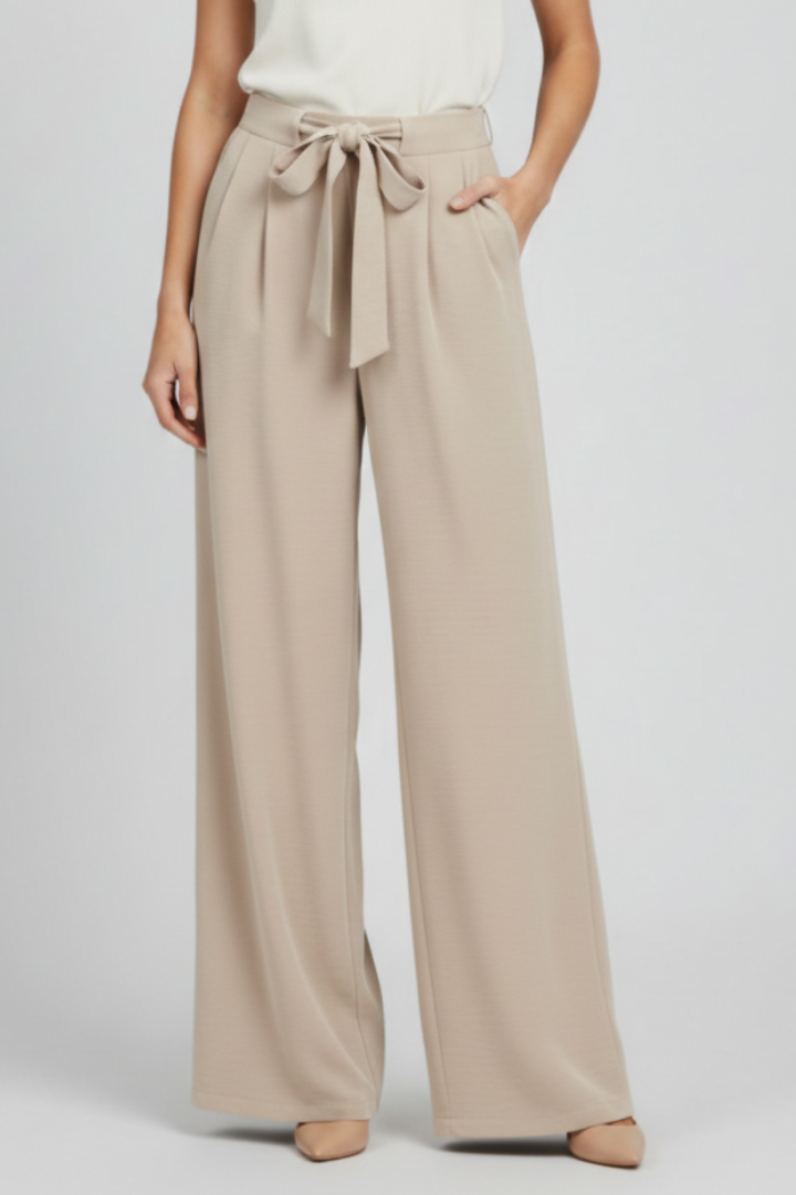 Damen Palazzohose Wide Leg mit Bindegürtel und Bundfalten – High Waist Stoffhose
