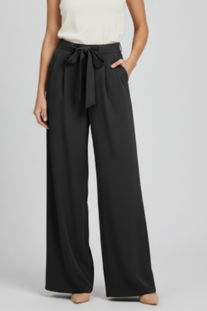Damen Palazzohose Wide Leg mit Bindegürtel und Bundfalten – High Waist Stoffhose