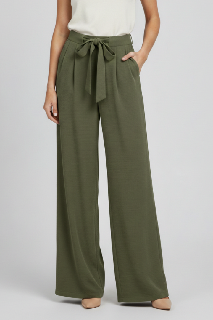 Damen Palazzohose Wide Leg mit Bindegürtel und Bundfalten – High Waist Stoffhose