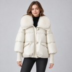 Damen Kurze Steppjacke mit großem Kunstfellkragen – Warme Winterjacke mit Wattierung
