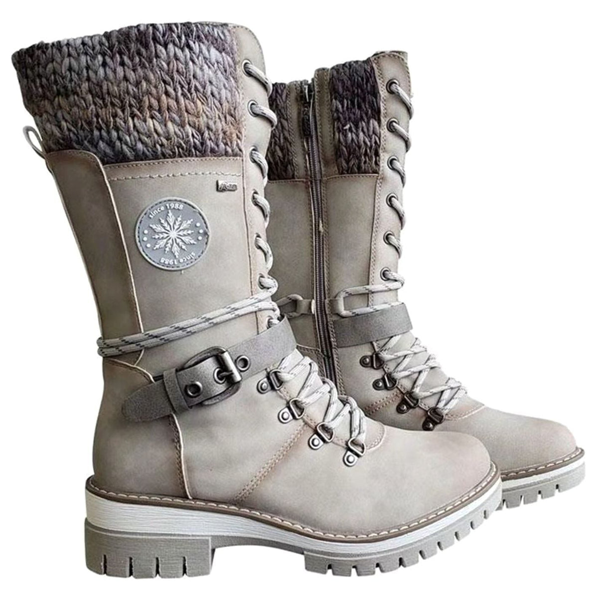 Damen Winterstiefel mit Strickbündchen und Schnürung – Wadenhohe Schnürstiefel mit Profilsohle
