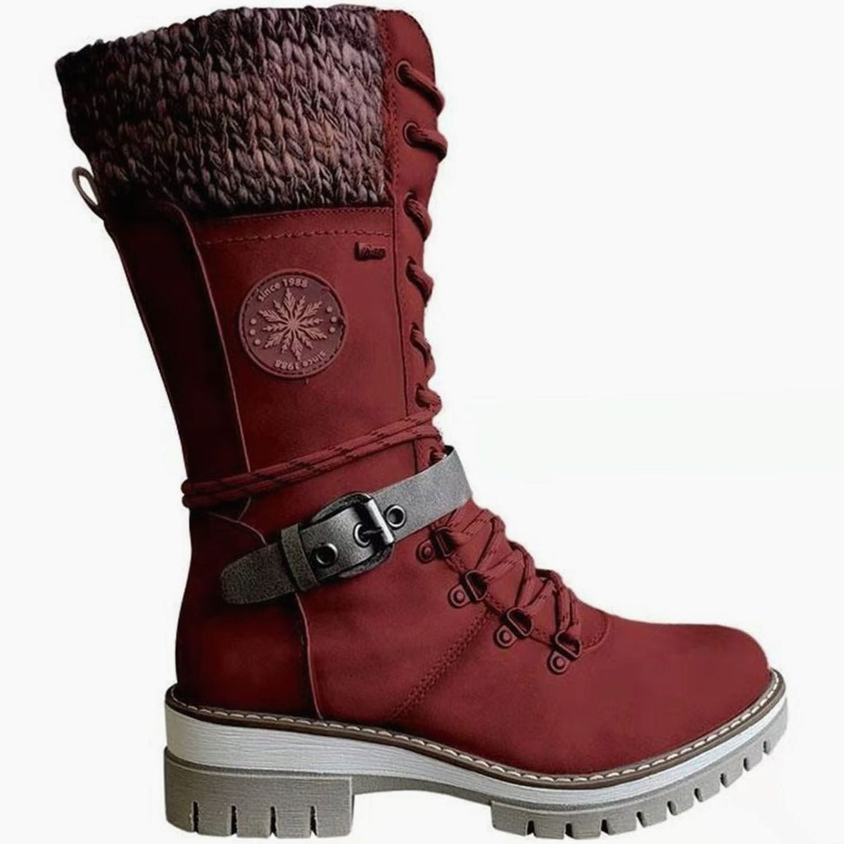 Damen Winterstiefel mit Strickbündchen und Schnürung – Wadenhohe Schnürstiefel mit Profilsohle