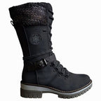 Damen Winterstiefel mit Strickbündchen und Schnürung – Wadenhohe Schnürstiefel mit Profilsohle