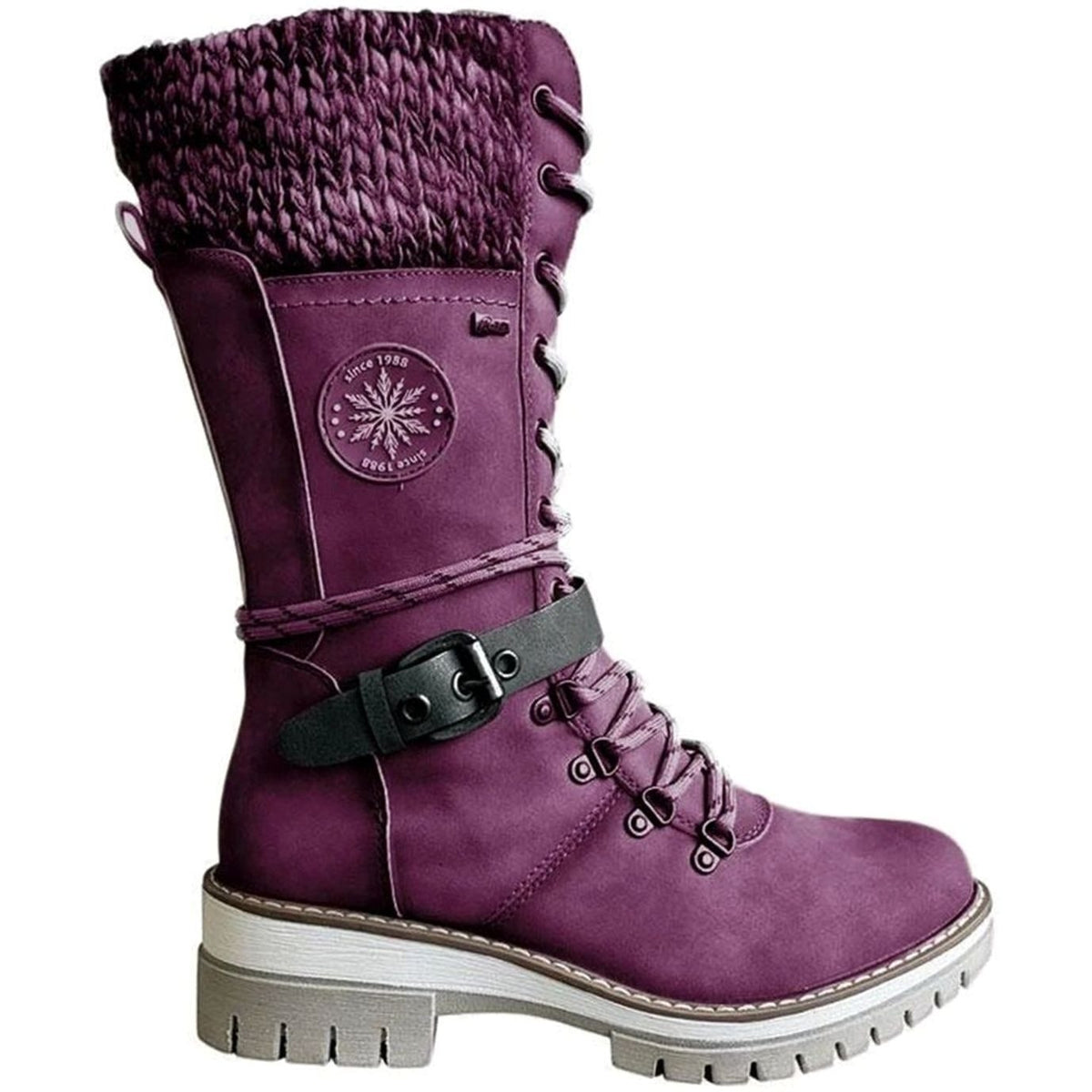 Damen Winterstiefel mit Strickbündchen und Schnürung – Wadenhohe Schnürstiefel mit Profilsohle