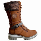 Damen Winterstiefel mit Strickbündchen und Schnürung – Wadenhohe Schnürstiefel mit Profilsohle
