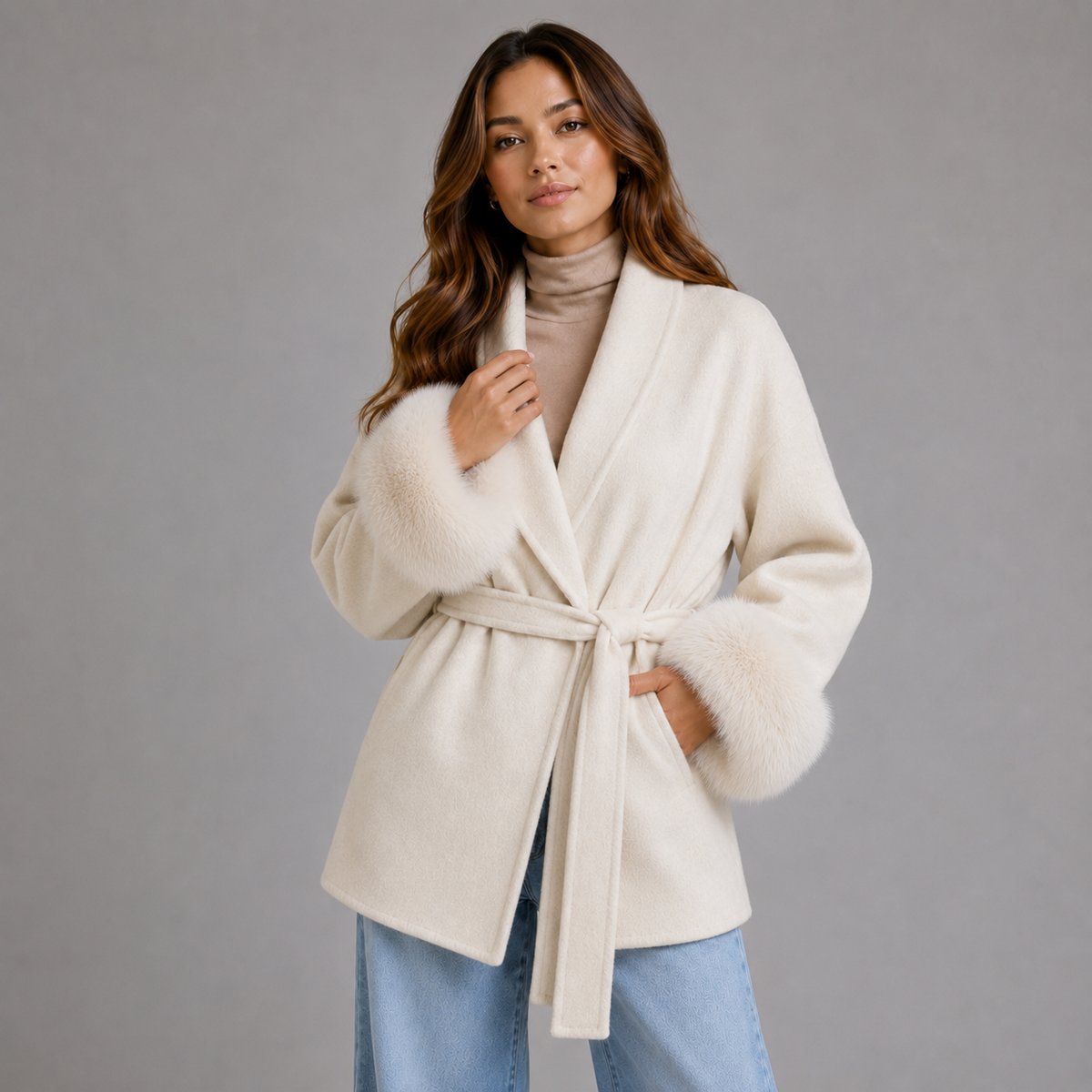 Damen Kurzer Wickelmantel aus Wollmischung – Mantel mit Bindegürtel und Kunstfellmanschetten, Winter