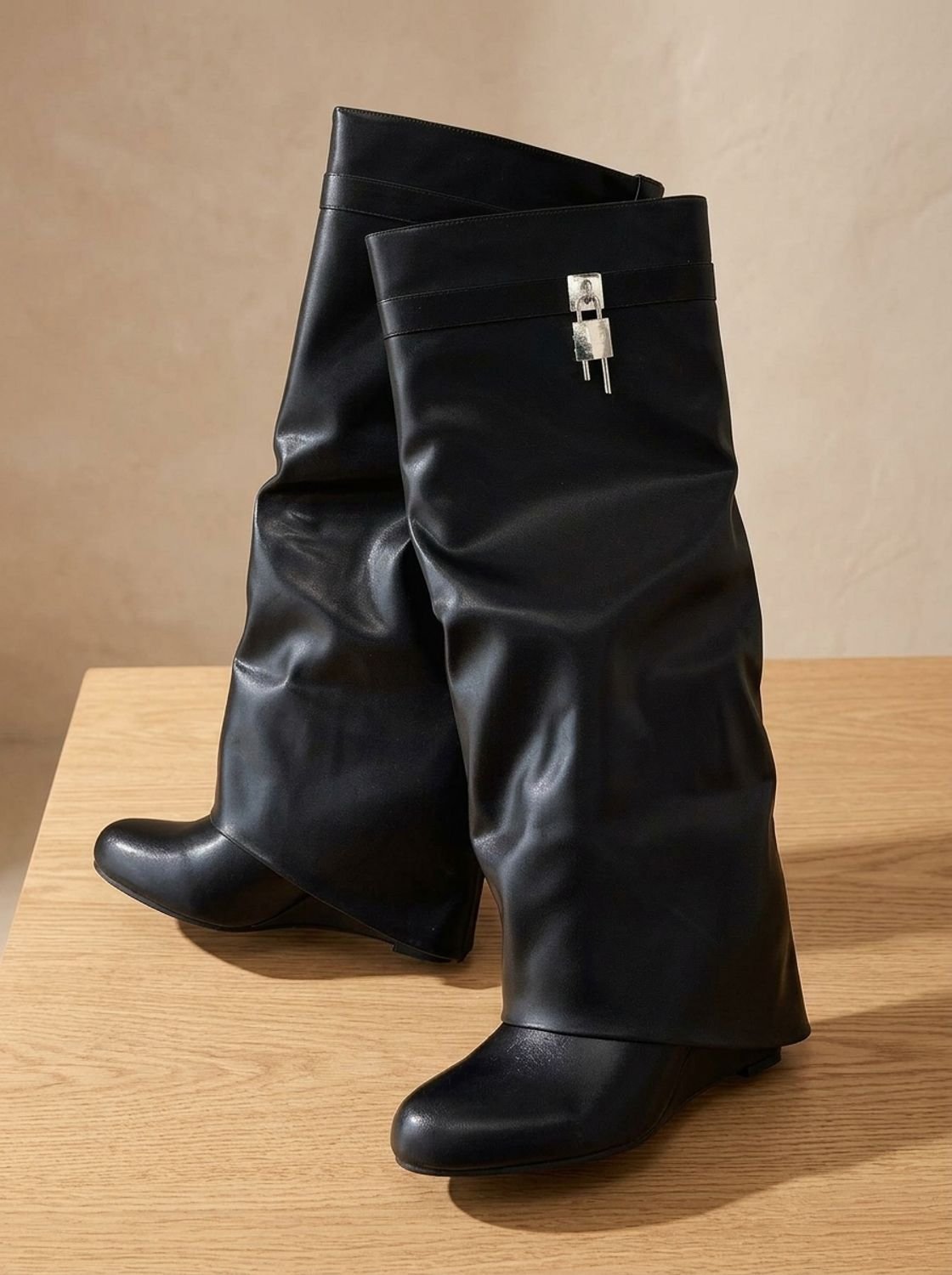 Damen Kniehohe Stiefel Schwarz mit Umschlag – Kunstleder Faltstiefel mit Keilabsatz, Herbst Winter