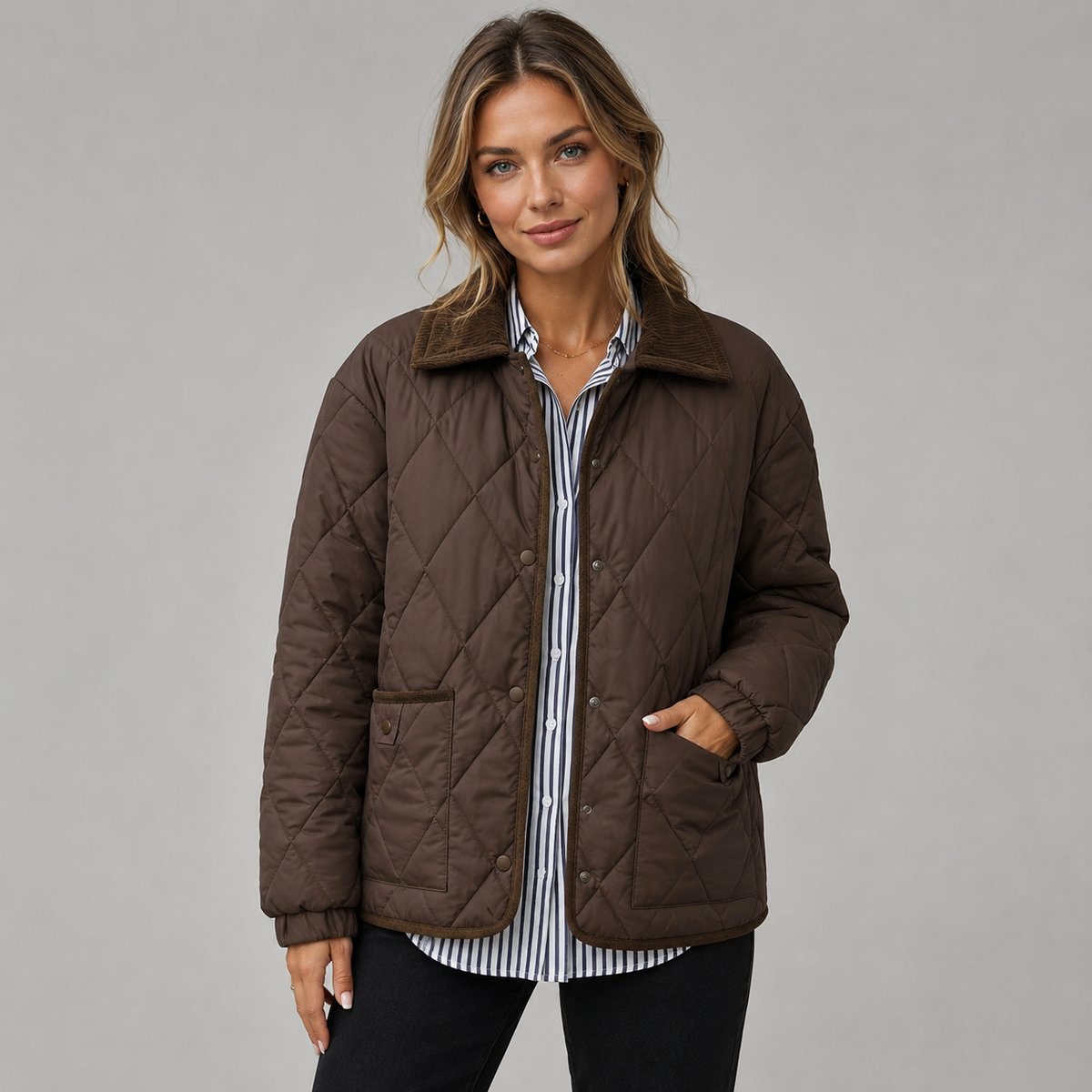 Damen Steppjacke mit Rautensteppung und Kontrastkragen – Leichte Übergangsjacke mit Taschen, Herbst Winter