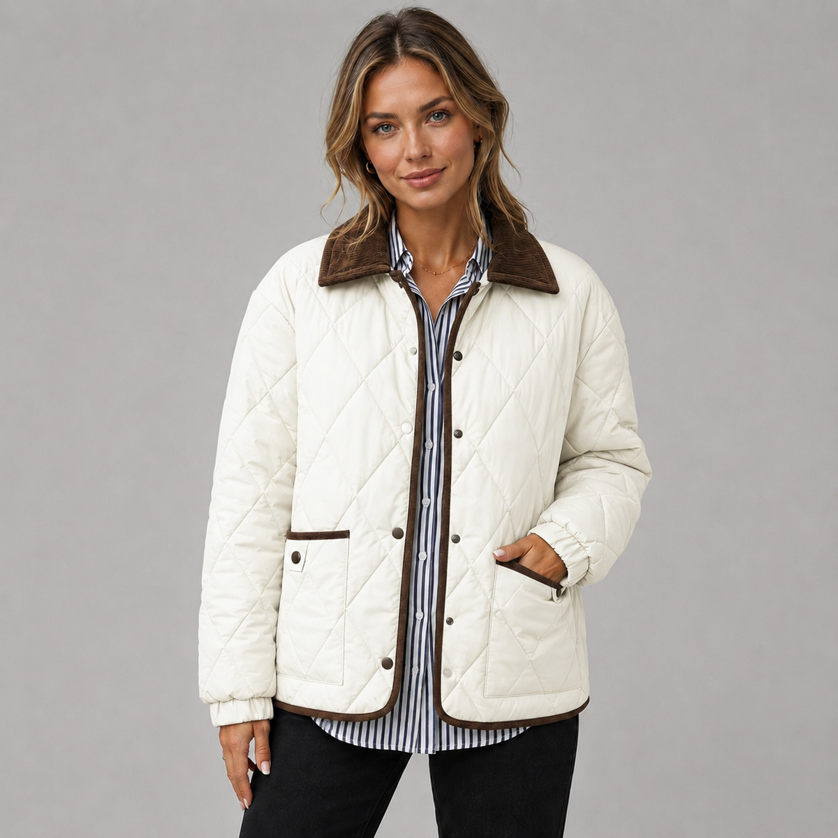 Damen Steppjacke mit Rautensteppung und Kontrastkragen – Leichte Übergangsjacke mit Taschen, Herbst Winter