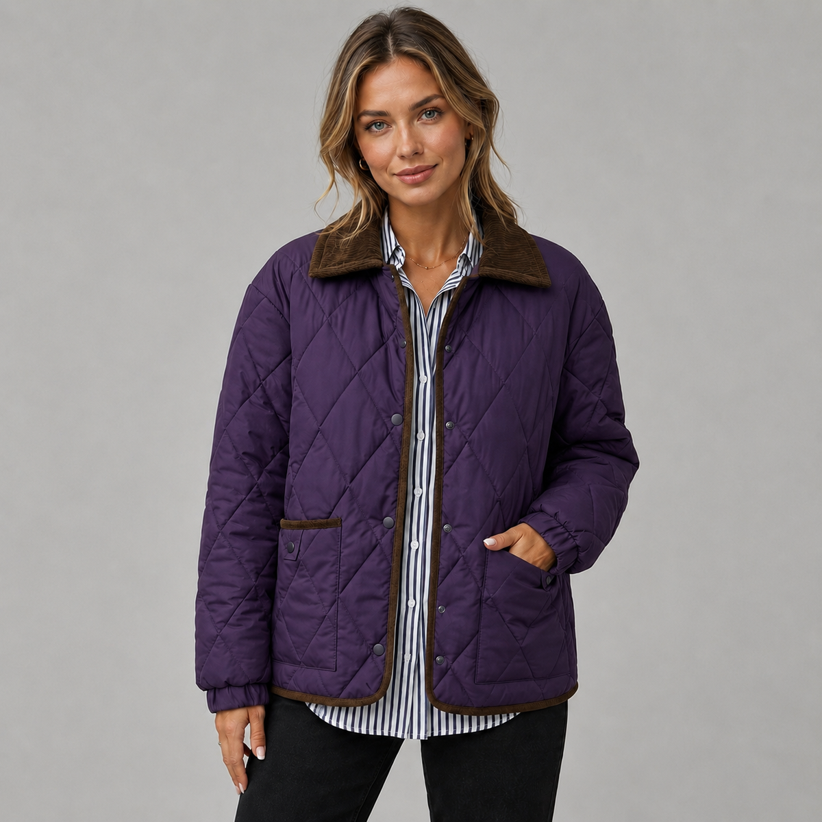 Damen Steppjacke mit Rautensteppung und Kontrastkragen – Leichte Übergangsjacke mit Taschen, Herbst Winter