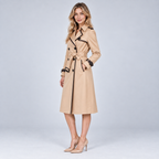 Damen Trenchcoat Beige mit Kontrastpaspeln – Langer Mantel mit Bindegürtel und Doppelknopfleiste, Herbst