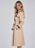 Damen Trenchcoat Beige mit Kontrastpaspeln – Langer Mantel mit Bindegürtel und Doppelknopfleiste, Herbst