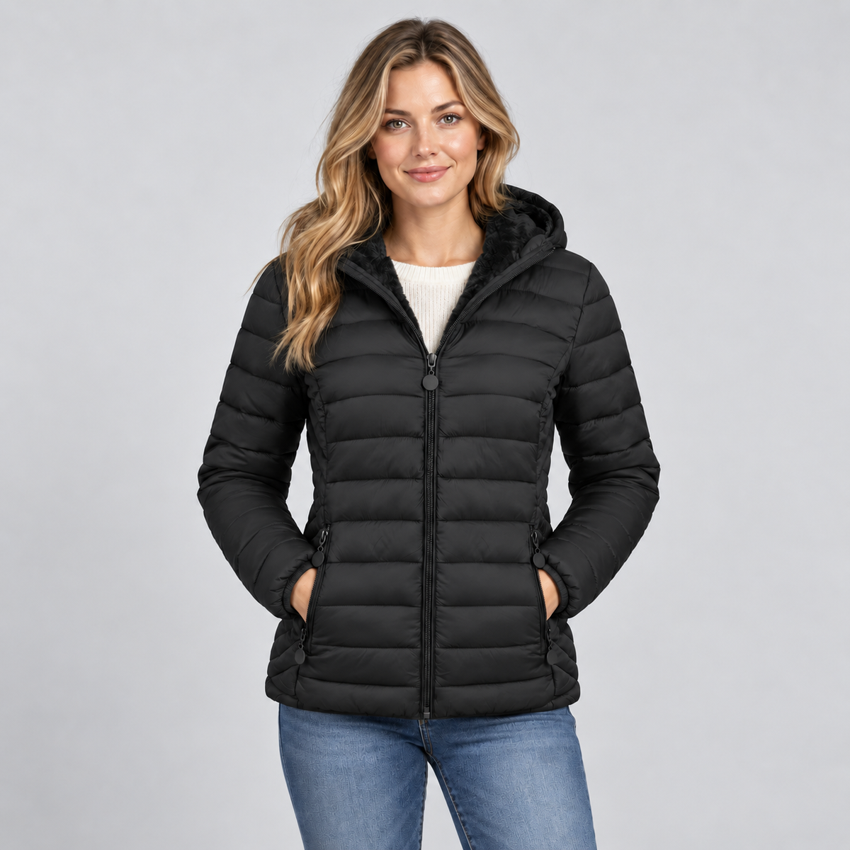 Damen Leichte Steppjacke mit Kapuze – Gesteppte Übergangsjacke mit Seitentaschen, Herbst Winter