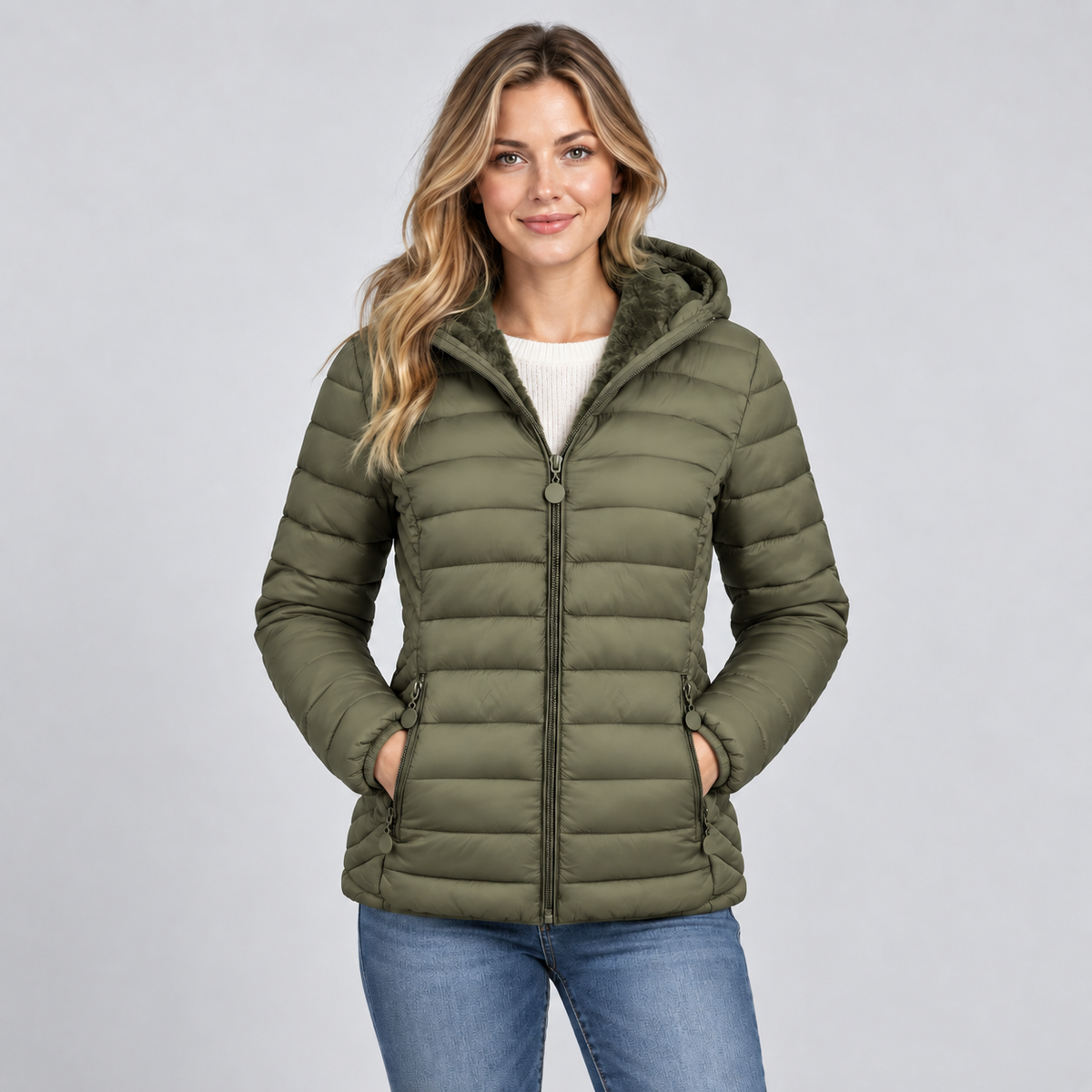 Damen Leichte Steppjacke mit Kapuze – Gesteppte Übergangsjacke mit Seitentaschen, Herbst Winter