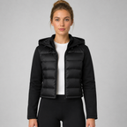 Damen Hybrid-Steppjacke Schwarz mit Kapuze – Leichte Jacke mit Stretch-Ärmeln, Herbst Winter